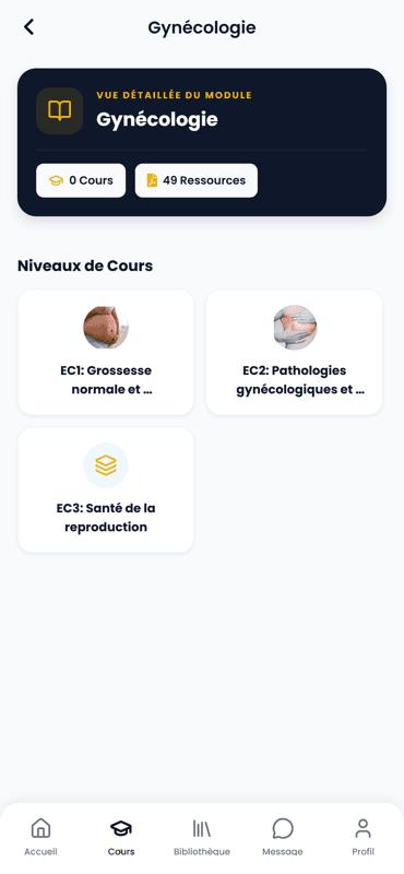 Vue détaillée d'un module de cours et fiches de gynécologie sur TutoratMed